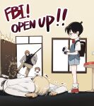  1girl 3boys amuro_tooru apron backpack bag bell black_hair blonde_hair blue_shorts blue_vest bob_cut bow bowtie brown_hair caught child closed_eyes collared_shirt covered_mouth edogawa_conan english_text faceplant fbi fbi_open_up female_child fermium.ice glasses grey_jacket gun haibara_ai highres holding holding_gun holding_weapon indoors jacket jitome kicking long_sleeves looking_at_another lying male_child mask meitantei_conan meme mouth_mask multiple_boys no_mouth okiya_subaru on_floor on_stomach opening_door pants profile randoseru red_bow red_bowtie red_footwear rifle ring_box shirt shoes short_sleeves shorts sniper_rifle sparkle standing stool sweatdrop trembling turtleneck vest weapon white_jacket yaoi 