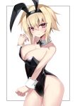  1girl absurdres animal_ears blonde_hair blush bow bowtie breasts bunny_day collarbone detached_collar fake_animal_ears highres jiseki_rena large_breasts leotard looking_at_viewer original playboy_bunny rabbit_ears red_eyes short_hair solo strapless strapless_leotard tsurime very_short_hair white_background wrist_cuffs 