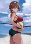  1girl alternate_costume ass ball beach bikini bikini_bottom_only blue_eyes blue_sky blush bra breasts brown_hair cloud day eyewear_on_head green_bikini hair_between_eyes haruto_(harut_n) hiei_(kancolle) holding holding_ball kantai_collection large_breasts looking_at_viewer looking_back outdoors red_bra short_hair signature sky sports_bra sportswear sunglasses swimsuit twitter_username underwear volleyball_net 