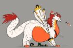  2021 anthro belly big_belly blush digital_drawing_(artwork) digital_media_(artwork) dragon duo eyes_closed feral hi_res looking_at_another looking_up lying macro on_back orange_belly raster_dreams signature simple_background size_difference tail white_body 