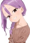  1girl absurdres braid braided_ponytail brown_eyes brown_sweater collarbone commentary_request grin hair_between_eyes highres long_hair long_sleeves looking_at_viewer neck purple_hair simple_background smile solo soredemo_ayumu_wa_yosetekuru sweater upper_body white_background yamamoto_souichirou yaotome_urushi 