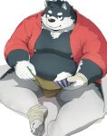  2023 anthro asian_clothing bandage belly big_belly black_body black_nose canid canine canis clothing domestic_dog east_asian_clothing eating food grey_body hi_res humanoid_hands japanese_clothing kemono male mammal mawashi moobs nipples noctnoc overweight overweight_male sitting solo sumo 