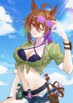  1girl ;) agnes_tachyon_(lunatic_lab)_(umamusume) ahoge animal_ears bikini black_bikini breasts brown_hair cleavage criss-cross_halter denim denim_shorts green_jacket hair_between_eyes halterneck highres horse_ears horse_girl jacket kii-kun_(agnes_tachyon)_(umamusume) looking_at_viewer low_ponytail medium_breasts midriff navel official_alternate_costume official_alternate_hairstyle one_eye_closed open_clothes open_shorts sakura_kasuga short_ponytail shorts smile solo summer&#039;s_sunlight_fades_to_blue_(umamusume) sunglasses swimsuit tied_jacket umamusume white-framed_eyewear 