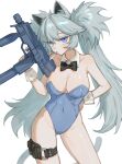  1girl animal_ears b&amp;t_mp9 bare_shoulders black_bow black_bowtie blue_eyes blue_leotard blush bow bowtie breasts cat_ears cat_girl cat_tail cigarette cleavage collarbone contrapposto covered_navel cowboy_shot detached_collar double_bun frost_fog grey_hair groin gun hair_between_eyes hair_bun hand_on_own_hip highleg highleg_leotard highres holding holding_weapon huge_weapon large_breasts leotard long_hair looking_at_viewer mouth_hold o-ring original playboy_bunny raised_eyebrows sidelocks simple_background smoke_trail smoking solo strapless strapless_leotard submachine_gun tail thigh_pouch thighs traditional_bowtie twintails weapon white_background white_wrist_cuffs wrist_cuffs 