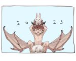  2023 2boys animal animal_on_head black_horns blue_background brown_hair brown_scales brown_wings carrying child chinese_zodiac claws dated dragon_boy dragon_horns dragon_wings fang feet_out_of_frame hands_up holding holding_animal horns low_wings male_focus monster_boy mullmull02 multiple_boys multiple_horns new_year on_head open_mouth original pointy_ears rabbit scales short_hair shoulder_carry simple_background sitting white_hair wings year_of_the_rabbit 