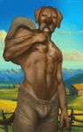  abs animated anthro brown_body brown_eyes brown_fur brown_nipples clothing cloud day detailed_background digital_media_(artwork) digital_painting_(artwork) ears_down farm front_view fur hat headgear headwear levsha looking_at_viewer male mountain muscular nipples nude outside pivoted_ears solo standing 