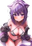  1girl ahoge animal_ear_fluff animal_ears bikini blush breasts cat_ears cat_girl cat_tail cleavage front-tie_bikini_top front-tie_top grey_bikini halterneck highres hololive hood hoodie large_breasts looking_at_viewer medium_hair nekomata_okayu nekomata_okayu_(1st_costume) onigirya_(nekomata_okayu) purple_eyes purple_hoodie side-tie_bikini_bottom swimsuit tail virtual_youtuber yuzufu 