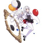  1girl allan_poe_(honkai_impact) balloon black_footwear blue_flower blue_rose blush falling_petals flower full_body holding holding_balloon honkai_(series) honkai_impact_3rd long_hair official_art petals red_eyes rose shoes skirt third-party_source transparent_background white_hair 