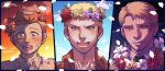  1boy age_progression aged_down blonde_hair chinese_commentary commentary_request dated facial_hair goatee happy_birthday head_wreath highres male_focus open_mouth paper_crown petals reiner_braun shingeki_no_kyojin smile sweatdrop yanglao_paopaoren yellow_eyes 