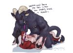  abdominal_bulge absurd_res anthro big_dom_small_sub black_hair bodily_fluids bovid caprine caprine_demon claws collar cum cum_while_penetrated curved_horn demon dialogue dominant duo from_front_position genital_fluids goat_demon hair hi_res hooves horn kobold large_penetration leash leash_pull leashed_collar lying male male/male male_penetrated male_penetrating male_penetrating_male mammal mating_press nipple_piercing nipples nude on_back penetration piercing red_body redishdragie sex simple_background size_difference white_background 