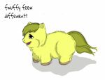  ambiguous_gender baby_talk carpdime english_text equid equine feral fluffy_pony fur green_hair hair mammal simple_background solo text white_background yellow_body yellow_fur 