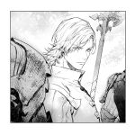  armor bladed_lance collarbone dion_lesage eyes_visible_through_hair final_fantasy final_fantasy_xvi greyscale hair_between_eyes halberd holding holding_polearm holding_weapon looking_at_viewer monochrome polearm short_hair solo vest weapon white_vest xiling 