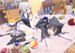  2girls absurdres animal_ear_fluff animal_ears ass bare_shoulders black_coat black_dress black_hair black_panties black_socks blue_archive blue_halo blush china_dress chinese_clothes coat dress embarrassed feet green_eyes grey_hair halo highres indoors kneehighs kokona_(blue_archive) legs long_hair looking_at_viewer lying multicolored_hair multiple_girls no_shoes off_shoulder on_side on_stomach open_mouth panties pantyshot pelvic_curtain pleated_skirt red_eyes short_sleeves shun_(blue_archive) shun_(small)_(blue_archive) side_slit skirt sleeveless sleeveless_dress socks streaked_hair striped striped_coat striped_dress thighs tiger_ears tiger_girl twintails underwear vertical-striped_coat vertical-striped_dress vertical_stripes very_long_hair white_skirt yamada_auto 