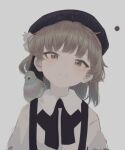  1girl animal_on_shoulder beret bird bird_on_shoulder black_headwear black_ribbon brown_eyes brown_flower brown_hair closed_mouth collared_shirt commentary_request doubato flower grey_background hair_flower hair_ornament hair_ribbon hat hatoba_tsugu head_tilt light_blush light_frown looking_at_viewer medium_hair mole mole_under_eye neck_ribbon pigeon ribbon shirt simple_background single_hair_ring solo straight-on suspenders tsugu_(vtuber) upper_body virtual_youtuber white_shirt 