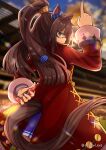  1girl absurdres animal_ears blue_eyes bottle brown_hair closed_mouth cowboy_shot ear_ornament el_condor_pasa_(umamusume) highres holding holding_bottle horse_ears horse_girl horse_tail jacket long_hair long_sleeves looking_at_viewer looking_back pointing pointing_up purple_shirt red_jacket shirt skirt smile solo tail tail_through_clothes twitter_username umamusume utada_kuero 