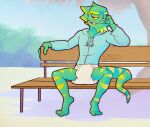  anthro barefoot bench chameleon cigarette cigarette_in_mouth clothing diaper digital_media_(artwork) feet green_body hi_res hoodie lizard looking_aside looking_at_viewer male markings object_in_mouth outside plant reptile scalie signature simple_background solo spread_legs spreading striped_markings stripes topwear tree zipper zuago 