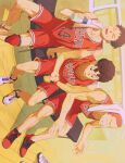  3boys angry ball basketball_(object) basketball_jersey bench bishounen black_eyes black_wristband bottle brown_eyes brown_hair buzz_cut clenched_hand highres holding holding_ball holding_bottle indoors knee_brace male_focus mitsui_hisashi miyagi_ryouta multiple_boys open_mouth red_hair red_shorts red_tank_top red_wristband sakuragi_hanamichi sebin_13 shoes short_hair shorts sitting slam_dunk_(series) sneakers sweat tank_top toned toned_male towel towel_on_head undercut very_short_hair water_bottle wavy_hair white_towel 
