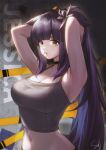  1girl arknights armpits arms_up bare_shoulders breasts camisole cleavage commentary_request crop_top diestren grey_eyes hair_tie_in_mouth jessica_(arknights) large_breasts long_hair looking_at_viewer midriff mouth_hold navel purple_hair solo spaghetti_strap stomach upper_body very_long_hair 