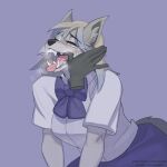  ambiguous_gender anthro bottomwear breasts breath canid canine canis clothed clothing disembodied_hand duo eye_roll fangs female female/ambiguous fully_clothed fur grey_body grey_fur grey_hair hair hi_res inner_ear_fluff mammal mouth_play narrowed_eyes open_mouth pulred school_uniform sharp_teeth shirt simple_background skirt teeth thumb_in_mouth topwear tuft uniform wolf 