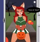  absurd_res anthro big_breasts bodily_fluids bottomwear breasts canid canine cheerleader cheerleader_outfit clothing cosplay costume drooling female fox halloween halloween_costume hi_res holidays mammal miniskirt nipple_outline peachi_(peachikeen) peachikeen saliva skirt solo tongue tongue_out 
