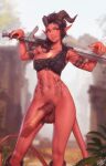  1girl animal_penis arm_tattoo baldur&#039;s_gate baldur&#039;s_gate_3 black_hair blurry blurry_background bottomless breasts colored_skin demon_girl demon_horns demon_tail dungeons_and_dragons feet_out_of_frame futanari grin highres holding holding_sword holding_weapon horns horse_penis karlach_(baldur&#039;s_gate) large_breasts large_penis navel penis personal_ami pointy_ears red_skin smile solo standing stomach_tattoo sword tail tattoo testicles tiefling uncensored weapon yellow_eyes 