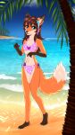  anthro beach blue_eyes canid canine clothing coconut_tree dipstick_ears dipstick_tail female fox fruit_tree hi_res mammal markings multicolored_ears orange_body palm_tree plant rukifox seaside solo swimwear tail tail_markings tree water yato_(yatofox) 