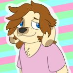  anthro arin_(capra_kid) arin_mcalister black_nose blue_background blue_eyes brown_hair canid canine canis capra_kid clothing detailed_background domestic_dog fur green_background hair half-closed_eyes male mammal narrowed_eyes pattern_background pink_background pink_clothing pink_shirt pink_t-shirt pink_topwear shirt simple_background smile solo striped_background t-shirt tan_body tan_fur topwear 