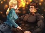  1boy 1girl beard blonde_hair breasts brown_hair chris_redfield closed_mouth facial_hair jill_valentine kiss kissing_hand large_breasts lips long_hair muscular muscular_male nagare ponytail resident_evil resident_evil_5 