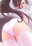  1girl ass black_hair blush clothes_lift crotch_seam from_behind from_below frown highres holding holding_umbrella kai_ooo1 long_hair looking_at_viewer looking_back open_mouth original panties pink_eyes ponytail rain shirt short_sleeves skirt skirt_lift solo standing thighhighs umbrella underwear upskirt white_panties white_shirt white_thighhighs wind wind_lift 