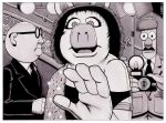  2022 4_fingers anthro armband beaker_(muppets) big_nose black_and_white border bruce_mccorkindale bunsen_honeydew camera clothing crossover domestic_pig dress eyewear female film_noir fingers glasses greyscale group hi_res humanoid lights looking_at_viewer male mammal mansion miss_piggy monochrome muppet muppets necktie night_dress parody shirt signature snout stairs suid suina suit sunset_boulevard sus_(pig) the_muppet_show topwear trio white_border 