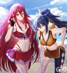  2girls alternate_costume artist_name bikini black_gloves black_hair blue_sky braid breasts brown_eyes cleavage closed_mouth cloud commentary_request commission cordelia_(fire_emblem) cordelia_(summer)_(fire_emblem) crown_braid day fingerless_gloves fire_emblem fire_emblem_awakening fire_emblem_fates fire_emblem_heroes gao_kawa gloves hair_between_eyes hair_ornament hand_on_own_hip highres long_hair medium_breasts multiple_girls navel oboro_(fire_emblem) official_alternate_costume outdoors ponytail red_bikini red_eyes red_hair sand skeb_commission sky small_breasts smile stomach swimsuit very_long_hair wing_hair_ornament yellow_bikini 