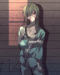  1girl against_wall alternate_costume aqua_pants arm_at_side asymmetrical_bangs bandage_on_face bandage_over_one_eye bandaged_arm bandaged_chest bandaged_hand bandaged_head bandaged_neck bandages closed_mouth commentary_request cowboy_shot frown green_hair grey_background hair_over_shoulder hand_on_own_arm highres hospital_gown kagerou_project kido_tsubomi long_bangs long_hair looking_at_viewer mekakucity_actors mokemoke_chan numbered one_eye_covered open_clothes partial_commentary purple_eyes scar scar_on_face shadow sleeves_past_elbows solo sunlight 