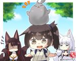  3girls :d akagi_(azur_lane) animal_ear_fluff animal_ears animal_on_head aqua_eyes azur_lane bird bird_on_head black_hair blunt_bangs blurry breasts cleavage commentary_request crossed_arms crossover depth_of_field eyeshadow fox_ears fox_girl fox_tail grey_eyes hair_between_eyes hair_tubes japanese_clothes kaga_(azur_lane) kaga_(kancolle) kantai_collection kyuubi long_hair long_sleeves looking_at_viewer makeup multiple_girls multiple_tails name_connection on_head outstretched_arms short_hair side_ponytail signature smile spread_arms tail taisa_(kari) tasuki twitter_username white_hair wide_sleeves 