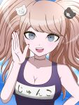  1girl :d alternate_costume bare_shoulders bear_hair_ornament black_choker blonde_hair blue_one-piece_swimsuit breasts choker cleavage collarbone danganronpa:_trigger_happy_havoc danganronpa_(series) day enoshima_junko hair_ornament hand_up highres large_breasts long_hair looking_at_viewer nail_polish one-piece_swimsuit outdoors red_nails smile solo suiren_yurei swimsuit teeth twintails upper_teeth_only 