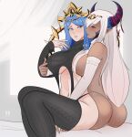  2girls absurdres areola_slip ass asymmetrical_horns bare_shoulders black_sweater black_thighhighs blue_eyes blue_hair blush breast_grab breasts cameltoe circlet cleavage commission commissioner_upload crown detached_sleeves dragon_girl fire_emblem fire_emblem_engage grabbing hair_ornament hair_over_one_eye highres holding horns ihsnet jewelry large_breasts long_hair lumera_(fire_emblem) mature_female meme_attire multiple_girls navel non-web_source open_mouth panties pointy_ears purple_eyes purple_ribbon revealing_clothes ribbon saliva saliva_trail sideboob smile sweat sweater tan tassel tassel_hair_ornament thighhighs thighs thong tiara turtleneck underboob underwear very_long_hair virgin_destroyer_sweater white_panties white_sweater white_thighhighs yuri zephia_(fire_emblem) 