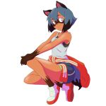  1girl animal_ears animal_nose black_hair blue_eyes blue_hair body_fur brand_new_animal breasts brown_fur closed_mouth dolphin_shorts full_body furry furry_female highres jacket kagemori_michiru looking_at_viewer multicolored_hair piczez raccoon_ears raccoon_girl raccoon_tail red_jacket shirt short_hair shorts simple_background smile solo tail tanuki track_jacket white_background 