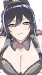  1girl black_hair breasts cleavage facing_viewer flower heart heart-shaped_pupils highres idolmaster large_breasts long_hair looking_at_viewer mogi_yasunobu ponytail red_flower red_rose rose shirase_sakuya sketch smile steam steaming_body sweat symbol-shaped_pupils unfinished upper_body white_background yellow_eyes 