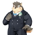  1:1 absurd_res anthro birthmark blush bow_tie canid canine canis clothing corsage domestic_dog eyebrows fur grey_body grey_fur hi_res lifewonders male mammal markings moritaka ruoain scar slightly_chubby smile solo suit thick_eyebrows tokyo_afterschool_summoners 