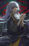  1girl artist_name grey_hair hair_tubes highres japanese_clothes kimono long_hair looking_at_viewer own_hands_together qosic raging_loop red_eyes silk solo spider_web standing uematsu_rikako very_long_hair 
