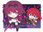  1boy 1girl ahoge black_gloves blue_eyes chibi earrings english_commentary gloves holding holding_sword holding_weapon honkai:_star_rail honkai_(series) jewelry kafka_(honkai:_star_rail) katana leggings looking_at_another looking_at_viewer luka_(honkai:_star_rail) n4391 open_mouth pants purple_eyes purple_hair red_hair shirt short_hair sword tears twitter_username weapon white_shirt 