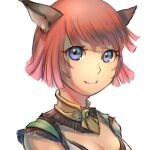  1girl animal_ears avatar_(ff11) blue_eyes breasts cactus41747280 cat_ears cleavage closed_mouth facial_mark final_fantasy final_fantasy_xi mithra_(ff11) no_eyebrows red_hair short_hair simple_background smile solo whisker_markings white_background 