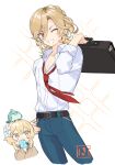  1boy 1girl alternate_costume animal_on_head animalization bird bird_on_head blonde_hair choco_c14 collared_shirt flower food genshin_impact hair_between_eyes hair_flower hair_ornament hand_on_own_hip holding kaveh_(genshin_impact) long_sleeves looking_at_viewer lumine_(genshin_impact) necktie on_head one_eye_closed pants popsicle red_eyes red_necktie shirt simple_background sparkle white_background white_flower white_shirt xiao_(genshin_impact) 