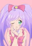  1girl ahoge bare_shoulders bow closed_mouth detached_collar finger_to_mouth green_eyes hair_bow hand_on_own_face hand_up highres hokahoka_yudoufu long_hair looking_at_viewer manaka_laala one_eye_closed pink_background pink_bow pretty_series pripara purple_hair solo twintails upper_body very_long_hair wrist_bow 