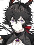  1boy animal_ears arknights bishounen black_coat black_hair coat ebenholz_(arknights) goat_boy goat_ears goat_horns highres horns looking_at_viewer male_focus portrait purple_eyes red_ribbon ribbon rio_(rio773) serious simple_background solo upper_body white_background 
