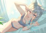  aarontsay absurdres animal_ear_fluff animal_ears armpits bed breasts calvin_klein cat_girl commentary_request commission harushio highres indie_virtual_youtuber large_breasts midriff one_eye_closed skeb_commission thighs underwear virtual_youtuber white_hair 