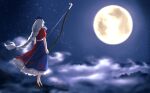  1girl bow_(weapon) braid cloud cloudy_sky crescent_moon dress facing_away from_behind full_moon hat holding holding_bow_(weapon) holding_weapon long_hair moon moonlight night night_sky nora_(le-chat-noir) sky solo touhou weapon yagokoro_eirin 