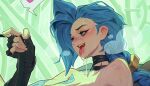 1girl black_choker black_gloves blue_eyes braid breath choker cloud_tattoo collarbone fingerless_gloves from_side gloves green_background green_hair hand_up heart highres holding holding_leash jinx_(league_of_legends) league_of_legends leash profile reagan_long saliva shiny_skin smile solo spoken_heart teeth tongue tongue_out upper_teeth_only 