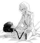  2girls absurdres bed bite_mark blush breasts chinese_commentary closed_mouth collarbone collared_shirt commentary couple from_side greyscale hair_down half-closed_eyes heavy_breathing hickey highres holding holding_leash kneeling kyan_(wstckhl) leash long_hair long_sleeves looking_at_another lying monochrome multiple_girls naked_shirt nipples on_back on_bed open_clothes open_mouth open_shirt partially_unbuttoned pillow reverse:1999 schneider_(reverse:1999) shirt short_hair simple_background small_breasts sweat vertin_(reverse:1999) yuri 
