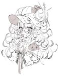  1girl absurdres artist_name candy double_bun food hair_bun highres holding holding_candy holding_food holding_lollipop jikuno lollipop long_hair original portrait ribbon simple_background sketch solo wavy_hair white_background white_hair 
