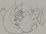  2023 anthro anus big_breasts bodily_fluids breasts dragon dragonite english_text eyelashes female from_front_position generation_1_pokemon genitals hair human human_on_anthro interspecies larger_anthro larger_female lilmoonie lying male male/female mammal membrane_(anatomy) membranous_wings missionary_position monochrome nintendo nude on_back pokemon pokemon_(species) pokephilia pussy sex simple_background size_difference smaller_human smaller_male spread_legs spreading sweat tail text wings 